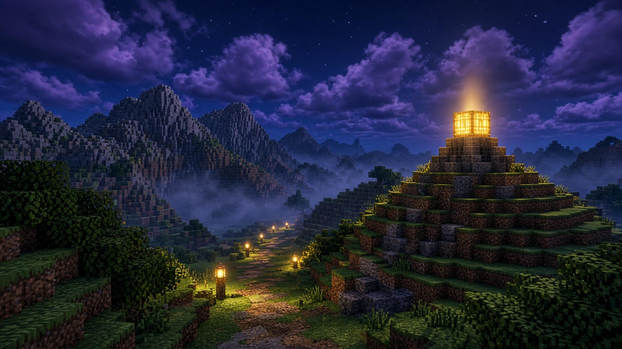 Blocky night world with a gold server beacon